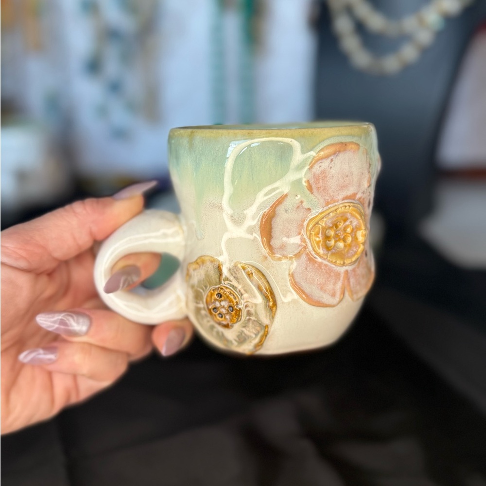Handmade Floral Ceramic Mug with Pastel Accents